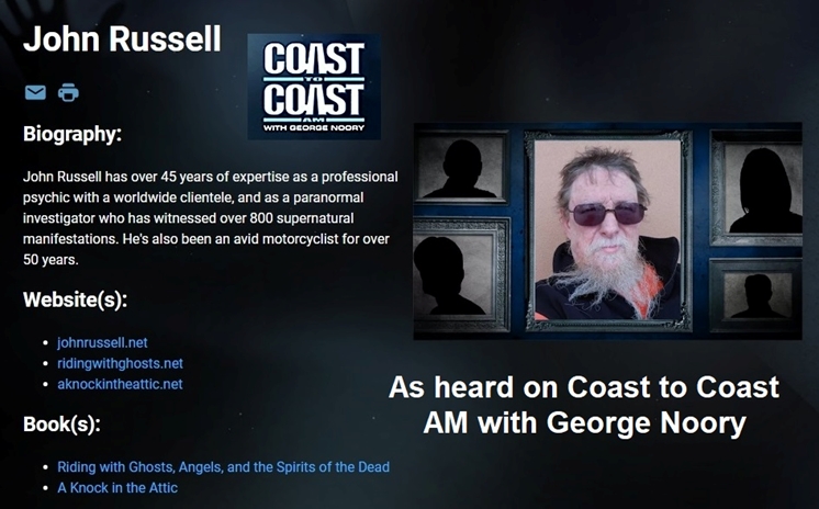 John Russell, Psychic and Paranormal Investigator, repeat featured guest on Coast to Coast AM with George Noory